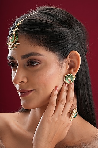 Gold Finish Kundan Polki & Green Stone Stud Earrings by EKATHVA JAIPUR