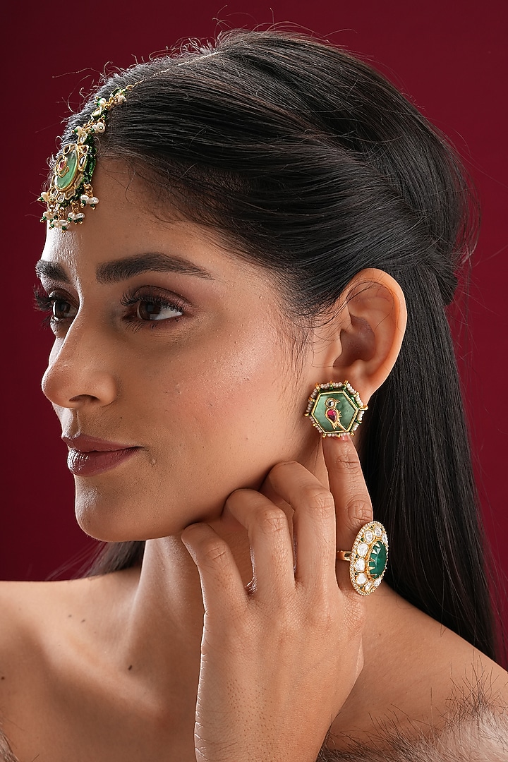 Gold Finish Kundan Polki & Green Stone Stud Earrings by EKATHVA JAIPUR at Pernia's Pop Up Shop