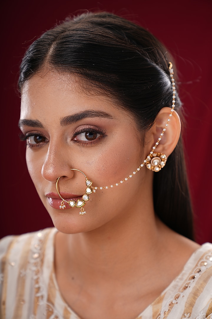 Gold Finish Kundan Polki & Pearl Nath by EKATHVA JAIPUR at Pernia's Pop Up Shop