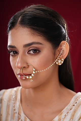 Gold Finish Kundan Polki & Pearl Nath by EKATHVA JAIPUR