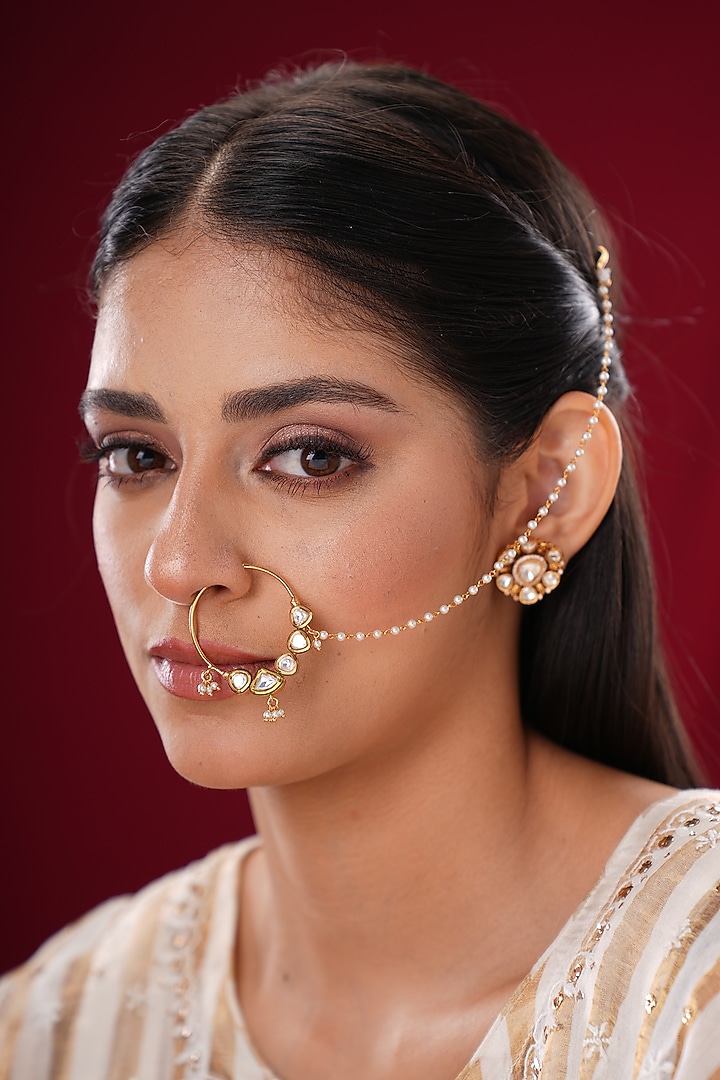 Gold Finish Kundan Polki & Pearl Nath by EKATHVA JAIPUR at Pernia's Pop Up Shop