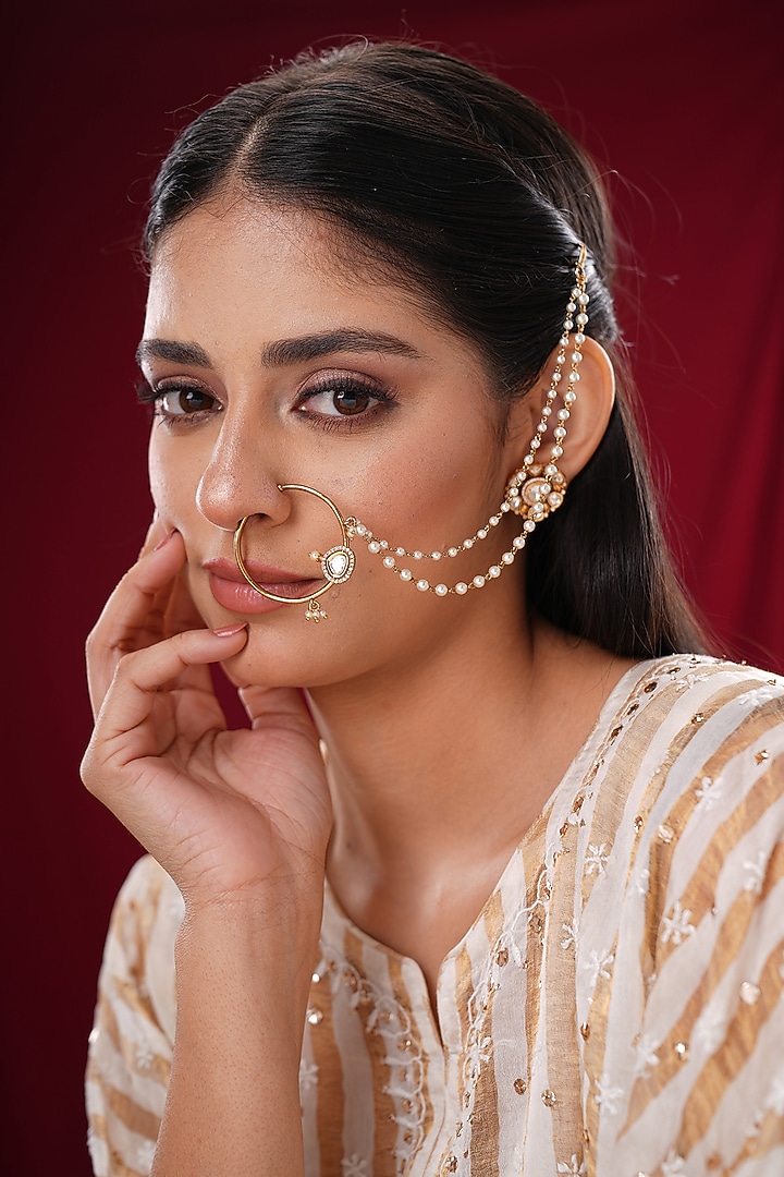 Gold Finish Kundan Polki & Pearl Nath by EKATHVA JAIPUR at Pernia's Pop Up Shop