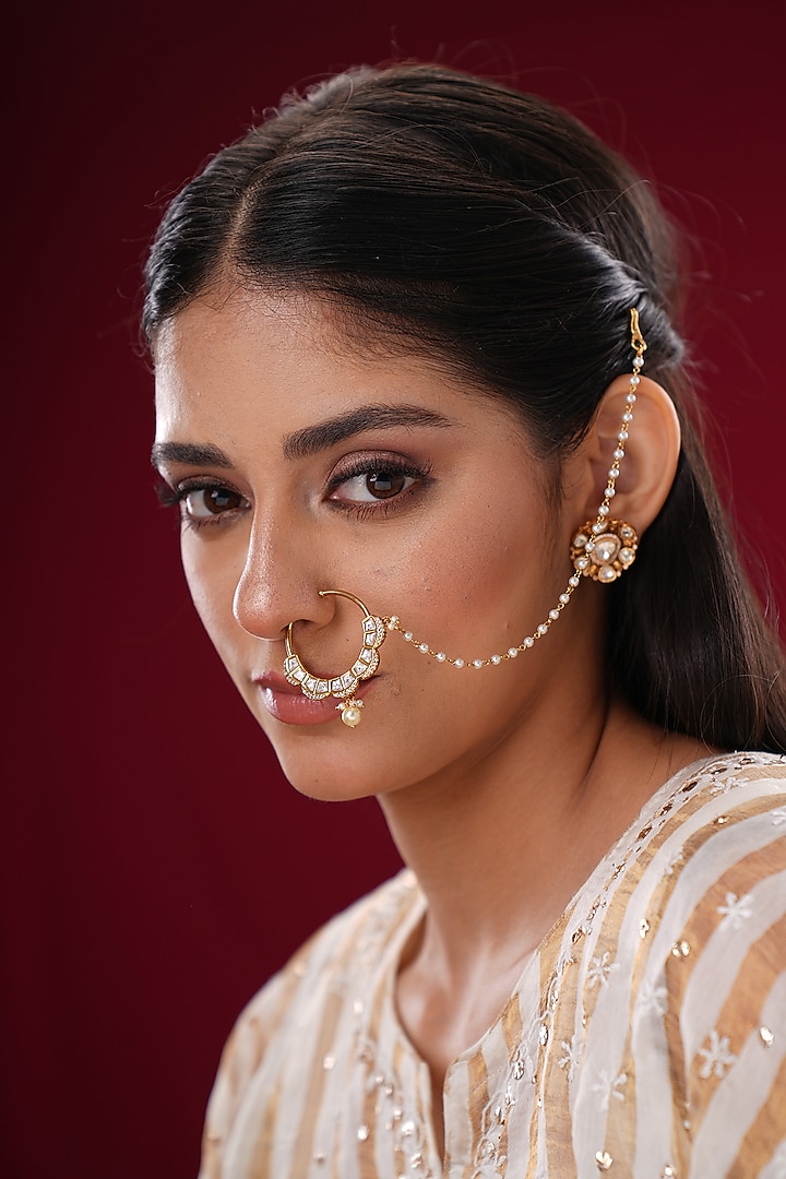Gold Finish Moissanite Kundan Polki Nath by EKATHVA JAIPUR at Pernia's Pop Up Shop
