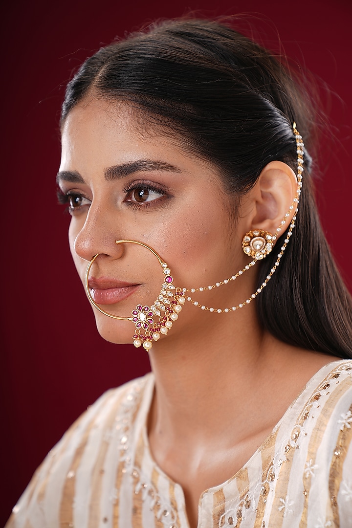 Gold Finish Moissanite Kundan Polki Nath by EKATHVA JAIPUR at Pernia's Pop Up Shop