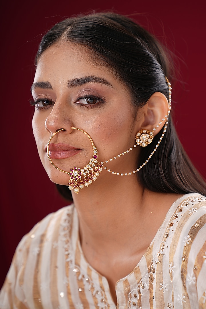 Gold Finish Moissanite Kundan Polki Nath by EKATHVA JAIPUR at Pernia's Pop Up Shop