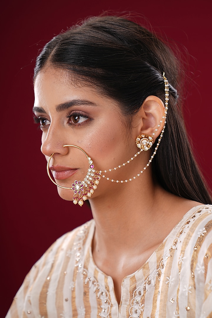Gold Finish Moissanite Kundan Polki Nath by EKATHVA JAIPUR at Pernia's Pop Up Shop
