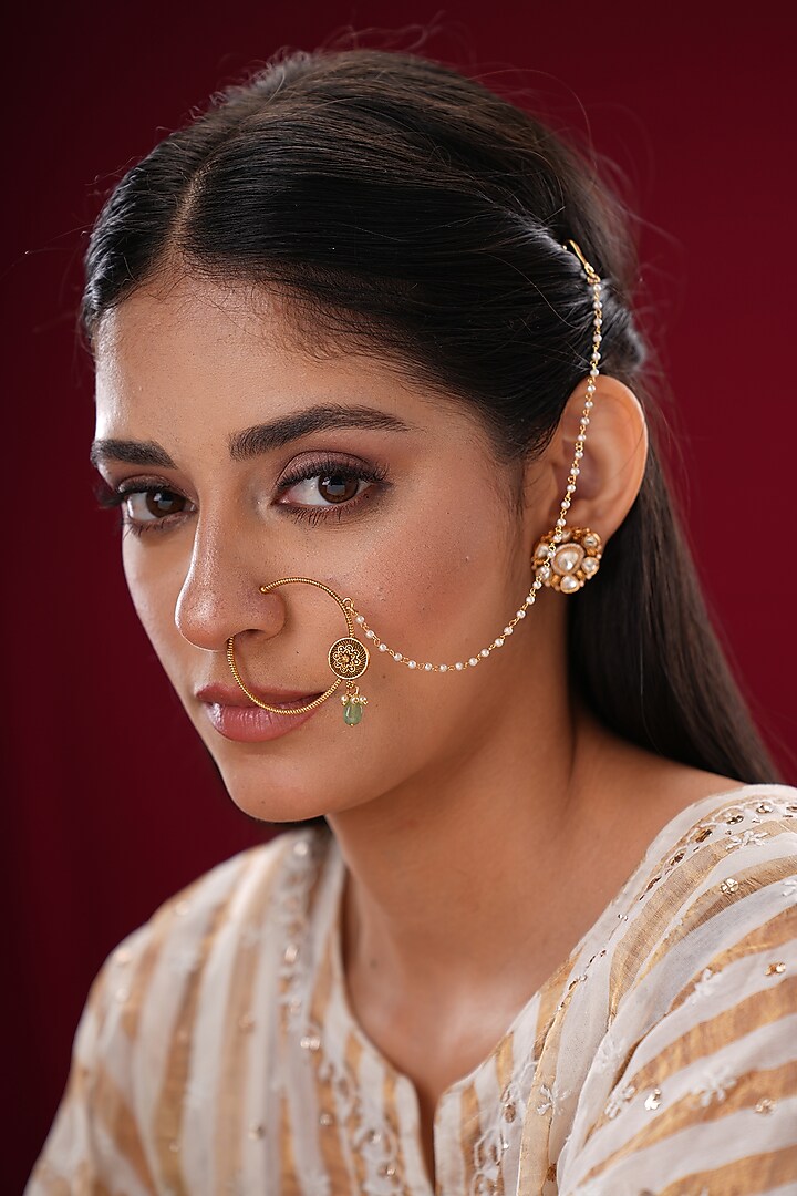 Gold Finish Kundan Polki & Green Stone Nath by EKATHVA JAIPUR at Pernia's Pop Up Shop