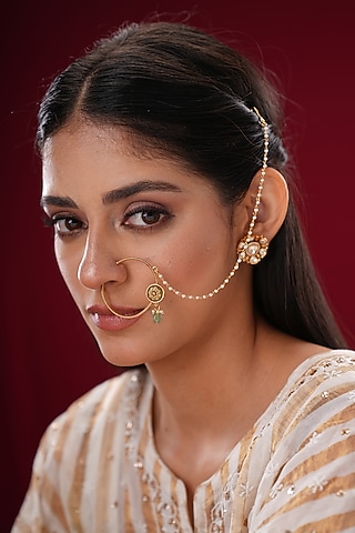 Gold Finish Kundan Polki & Green Stone Nath by EKATHVA JAIPUR