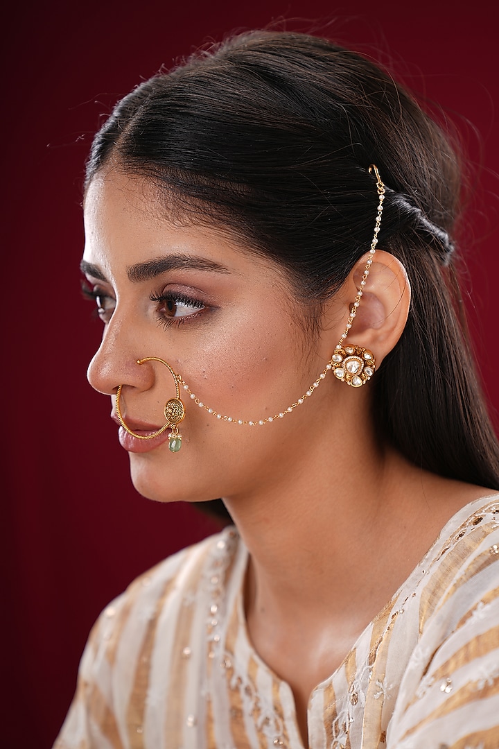 Gold Finish Kundan Polki & Green Stone Nath by EKATHVA JAIPUR at Pernia's Pop Up Shop