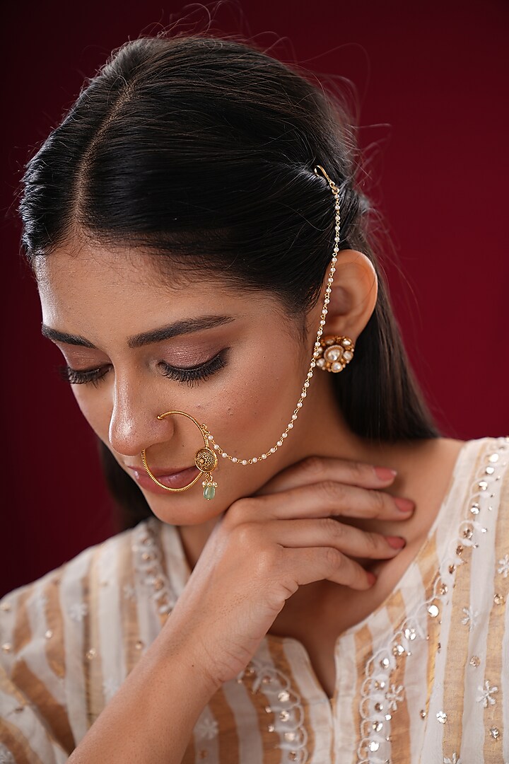 Gold Finish Kundan Polki & Green Stone Nath by EKATHVA JAIPUR at Pernia's Pop Up Shop