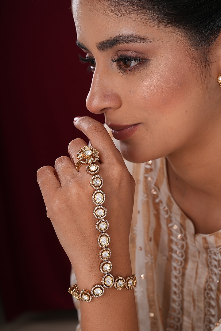 Gold Finish Kundan Polki & Pearl Hathphools (Set Of 2) by EKATHVA JAIPUR at Pernia's Pop Up Shop