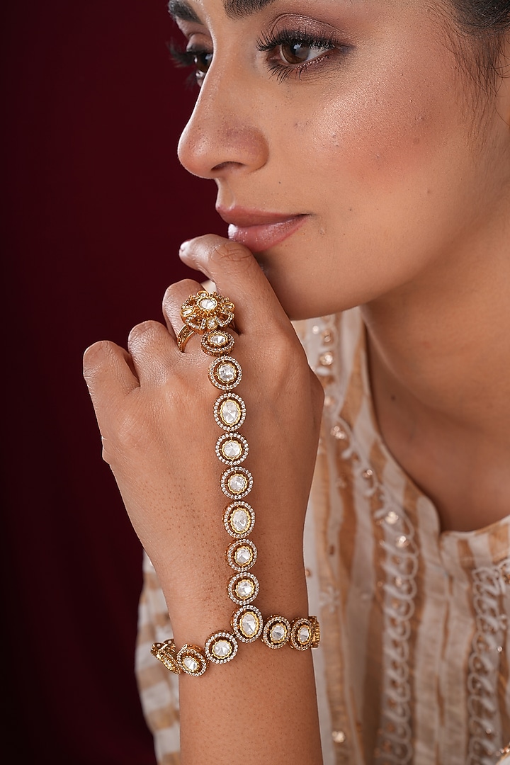 Gold Finish Kundan Polki & Pearl Hathphools (Set Of 2) by EKATHVA JAIPUR at Pernia's Pop Up Shop