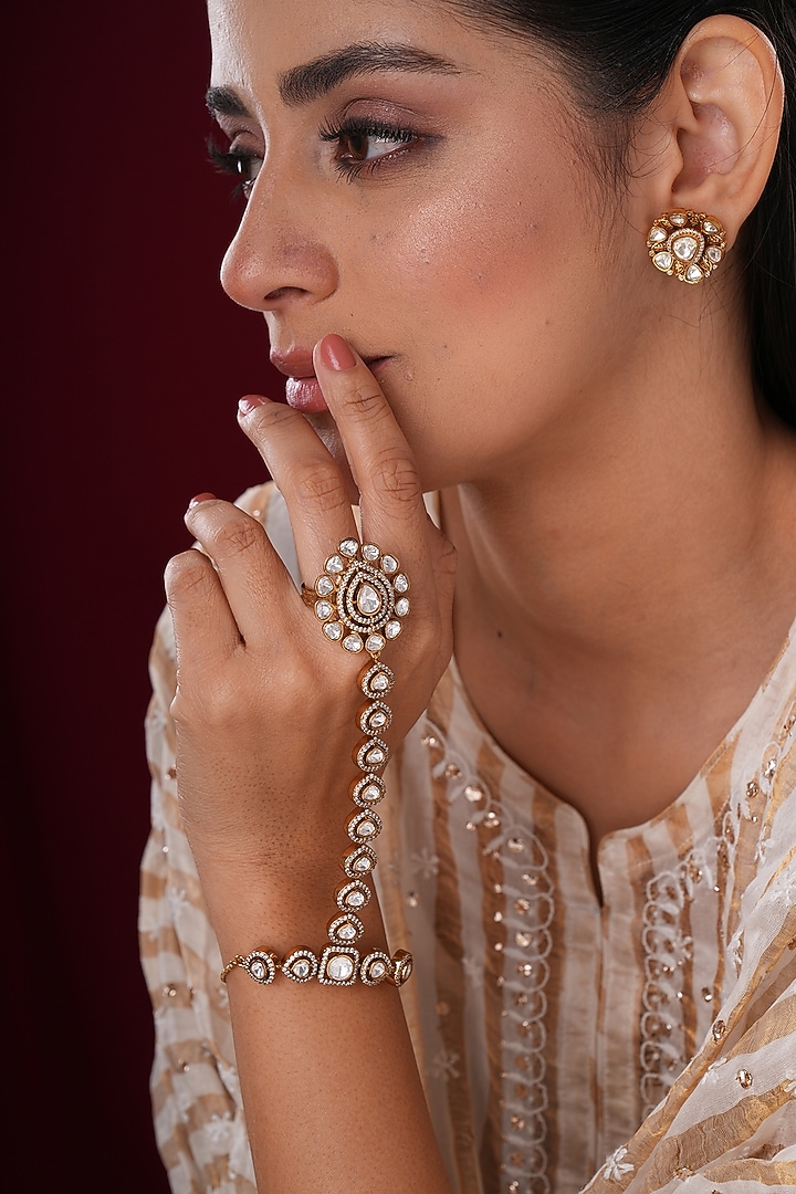 Gold Finish Kundan Polki & Pearl Hathphools (Set Of 2) by EKATHVA JAIPUR at Pernia's Pop Up Shop