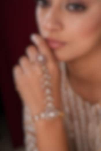 Gold Finish Kundan Polki & Pearl Hathphools (Set Of 2) by EKATHVA JAIPUR at Pernia's Pop Up Shop