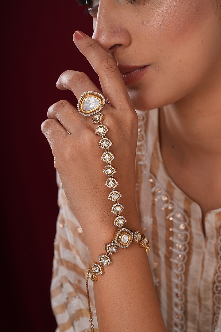 Gold Finish Kundan Polki & Pearl Hathphools (Set Of 2) by EKATHVA JAIPUR at Pernia's Pop Up Shop
