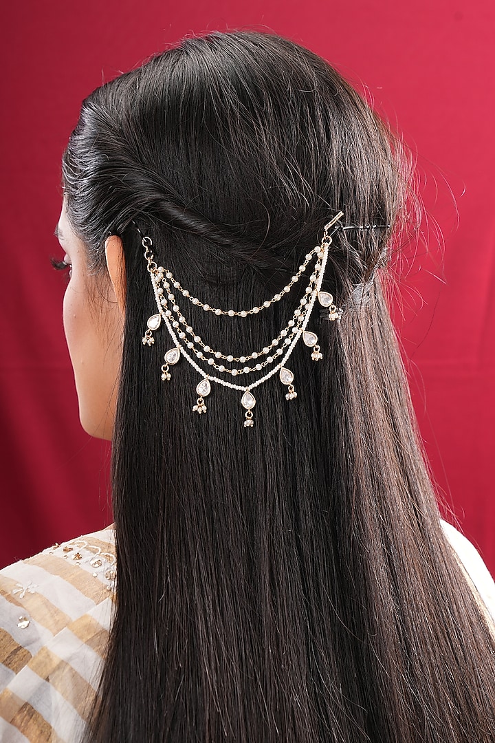 Gold Finish Kundan Polki & Pearl Earchains (Set Of 2) by EKATHVA JAIPUR at Pernia's Pop Up Shop