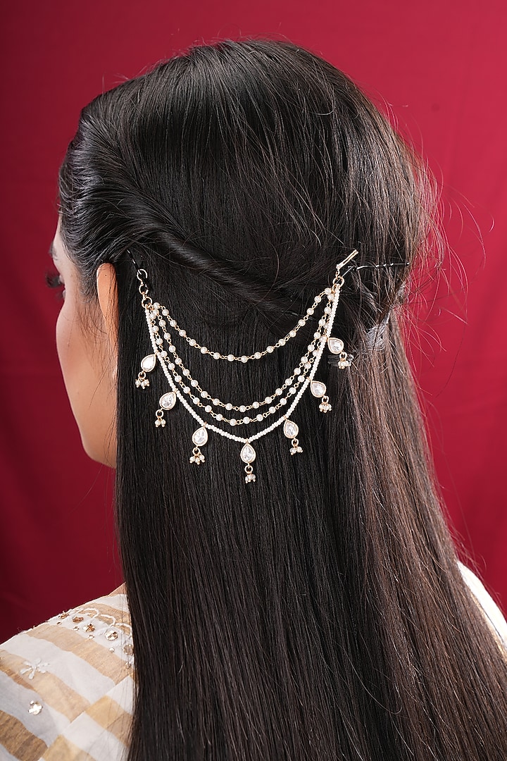 Gold Finish Kundan Polki & Pearl Earchains (Set Of 2) by EKATHVA JAIPUR at Pernia's Pop Up Shop