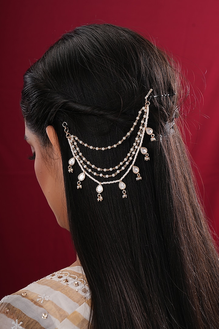 Gold Finish Kundan Polki & Pearl Earchains (Set Of 2) by EKATHVA JAIPUR at Pernia's Pop Up Shop