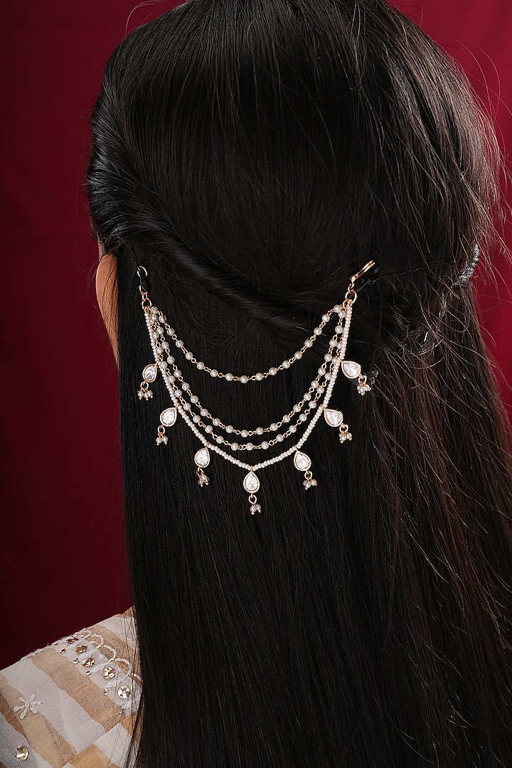 Gold Finish Kundan Polki & Pearl Earchains (Set Of 2) by EKATHVA JAIPUR at Pernia's Pop Up Shop