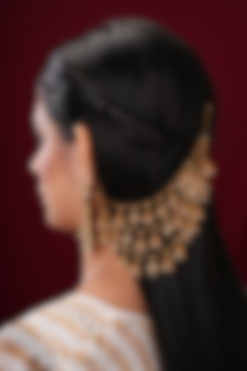 Gold Finish Pearl & Jhumka Earchains (Set Of 2) by EKATHVA JAIPUR at Pernia's Pop Up Shop