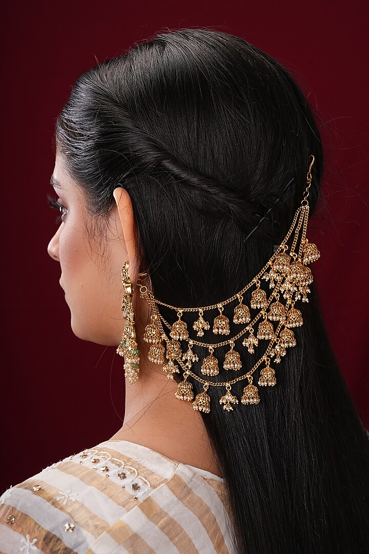 Gold Finish Pearl & Jhumka Earchains (Set Of 2) by EKATHVA JAIPUR at Pernia's Pop Up Shop