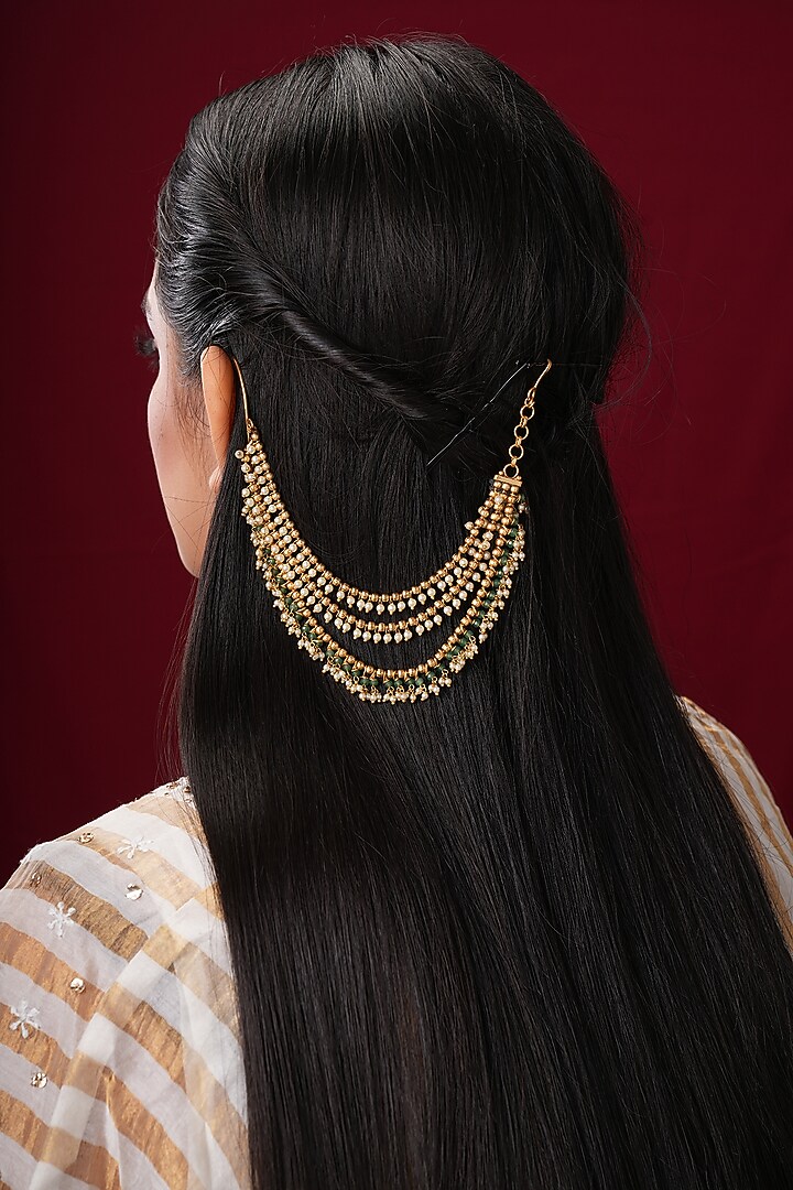 Gold Finish Green & White Beaded Earchains (Set Of 2) by EKATHVA JAIPUR at Pernia's Pop Up Shop