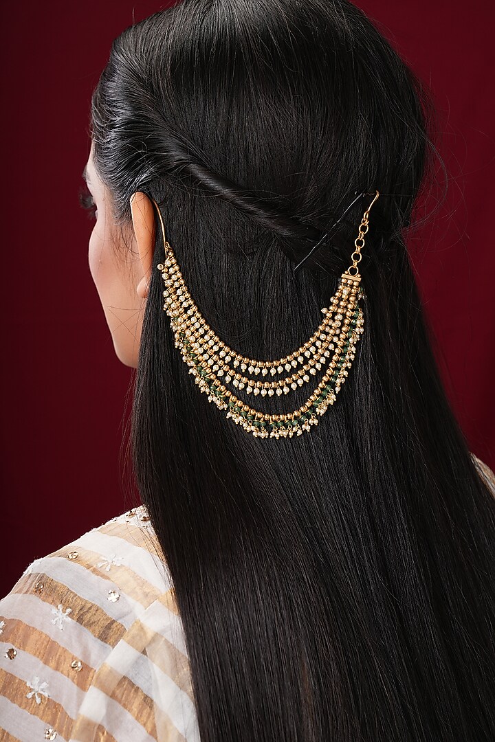 Gold Finish Green & White Beaded Earchains (Set Of 2) by EKATHVA JAIPUR at Pernia's Pop Up Shop