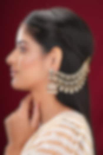 Gold Finish Kundan Polki & Pearl Kaanchain Earrings (Set Of 2) by EKATHVA JAIPUR at Pernia's Pop Up Shop