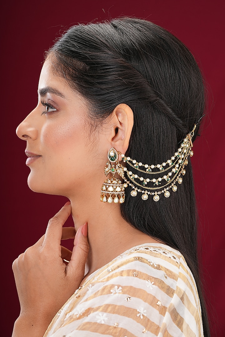 Gold Finish Kundan Polki & Pearl Kaanchain Earrings (Set Of 2) by EKATHVA JAIPUR at Pernia's Pop Up Shop