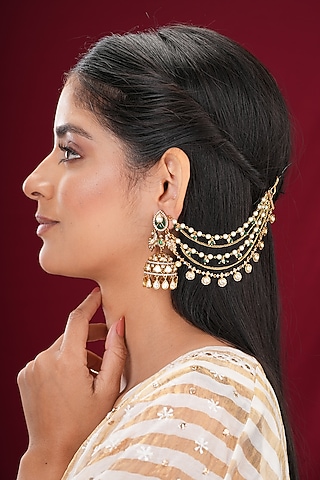 Gold Finish Kundan Polki & Pearl Kaanchain Earrings (Set Of 2) by EKATHVA JAIPUR
