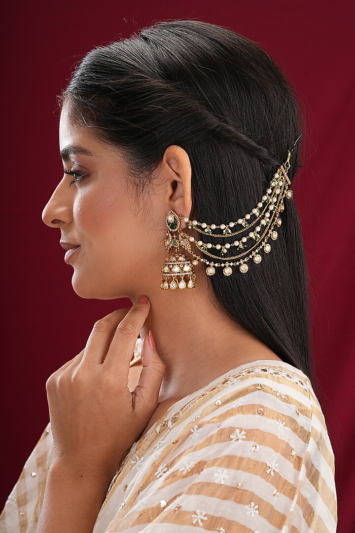 Gold Finish Kundan Polki & Pearl Kaanchain Earrings (Set Of 2) by EKATHVA JAIPUR at Pernia's Pop Up Shop