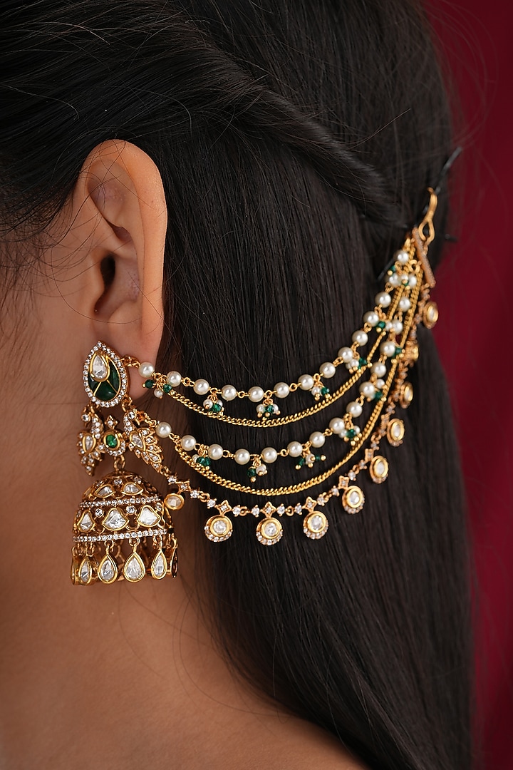Gold Finish Kundan Polki & Pearl Kaanchain Earrings (Set Of 2) by EKATHVA JAIPUR at Pernia's Pop Up Shop