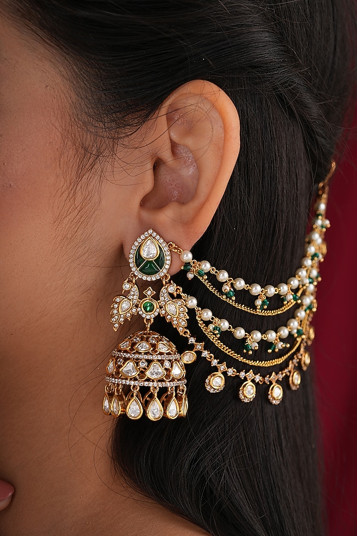 Gold Finish Kundan Polki & Pearl Kaanchain Earrings (Set Of 2) by EKATHVA JAIPUR at Pernia's Pop Up Shop