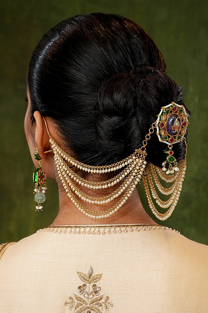 Gold Finish Kundan Polki & Pearl Earchains (Set Of 2) by EKATHVA JAIPUR at Pernia's Pop Up Shop