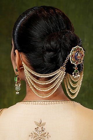 Gold Finish Kundan Polki & Pearl Earchains (Set Of 2) by EKATHVA JAIPUR