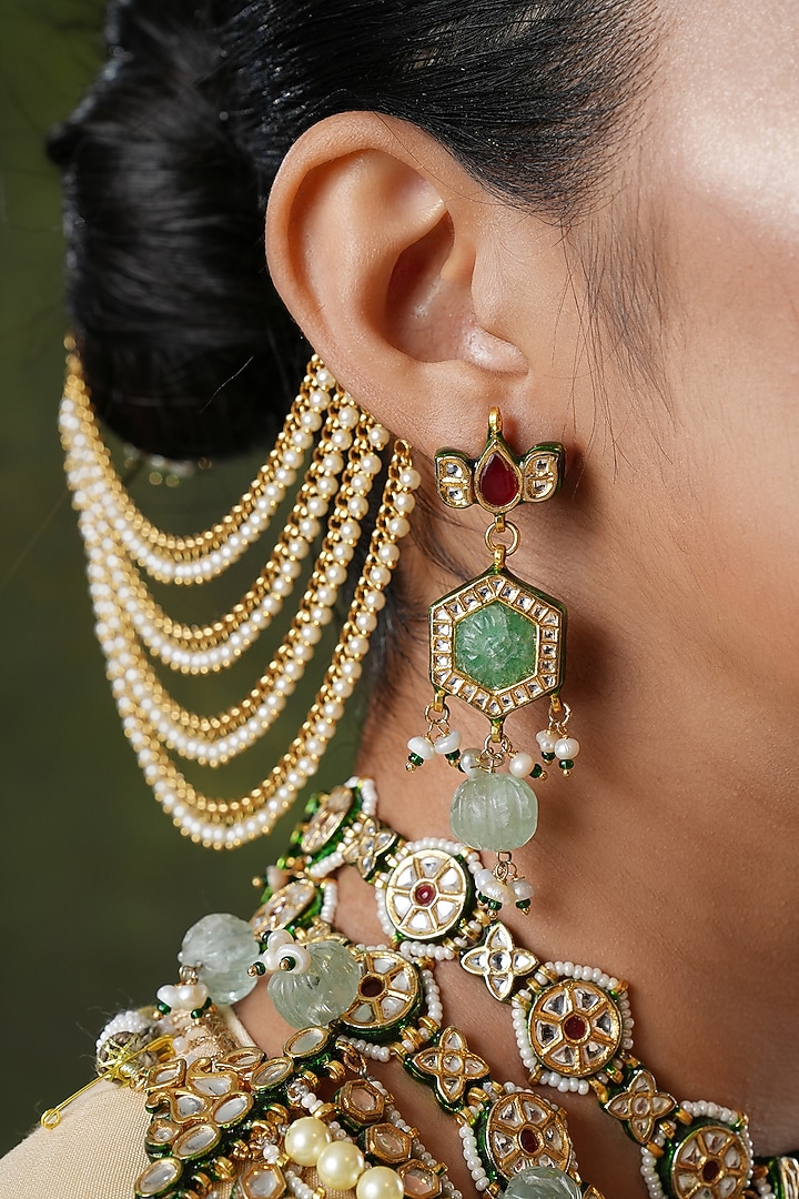 Gold Finish Kundan Polki & Pearl Earchains (Set Of 2) by EKATHVA JAIPUR at Pernia's Pop Up Shop