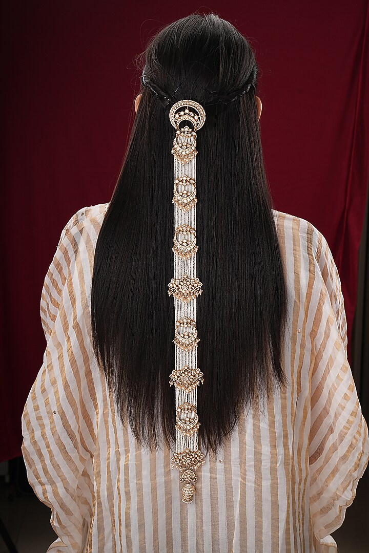 Gold Finish Kundan Polki & Pearl Braid Pin by EKATHVA JAIPUR at Pernia's Pop Up Shop