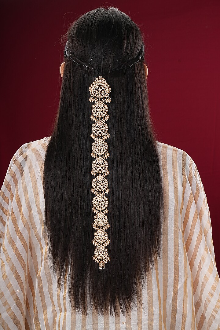 Gold Finish Kundan Polki & Pearl Braid Pin by EKATHVA JAIPUR at Pernia's Pop Up Shop