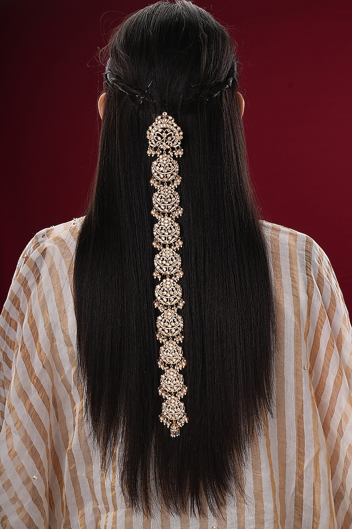 Gold Finish Kundan Polki & Pearl Braid Pin by EKATHVA JAIPUR at Pernia's Pop Up Shop