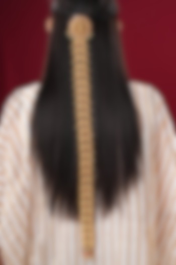 Gold Finish Kundan Polki & Pearl Temple Braid Pin by EKATHVA JAIPUR at Pernia's Pop Up Shop