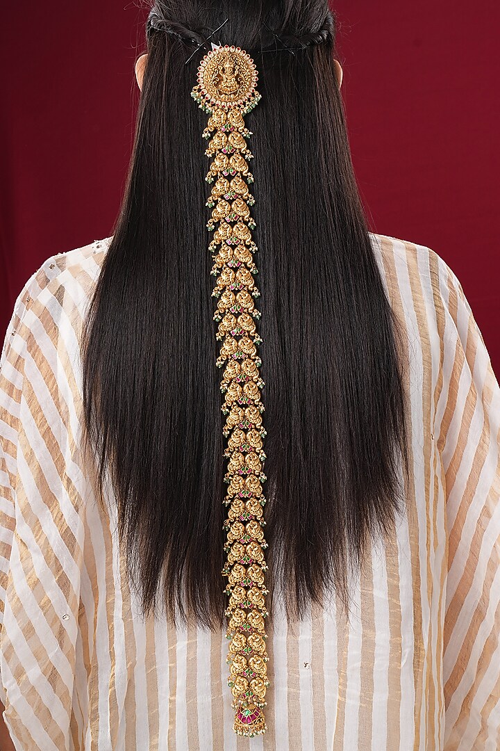 Gold Finish Kundan Polki & Pearl Temple Braid Pin by EKATHVA JAIPUR at Pernia's Pop Up Shop