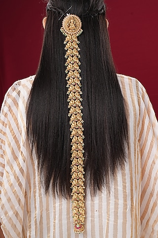Gold Finish Kundan Polki & Pearl Temple Braid Pin by EKATHVA JAIPUR