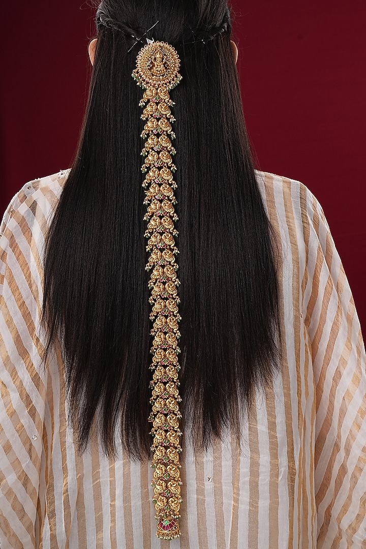 Gold Finish Kundan Polki & Pearl Temple Braid Pin by EKATHVA JAIPUR at Pernia's Pop Up Shop