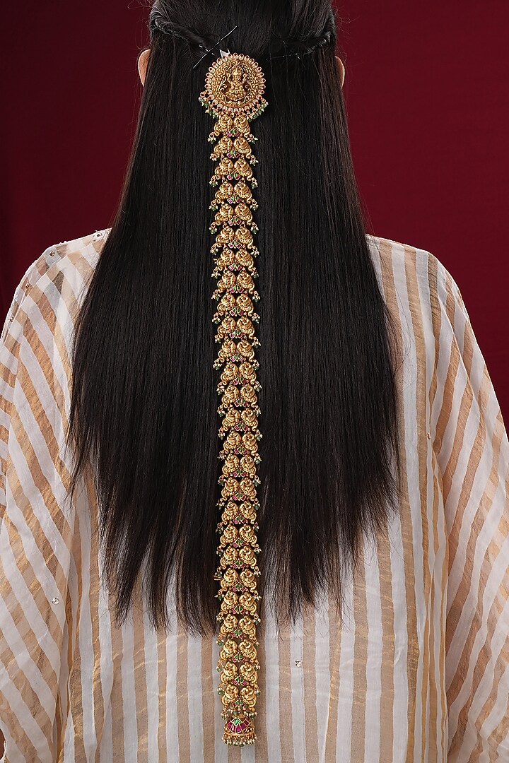 Gold Finish Kundan Polki & Pearl Temple Braid Pin by EKATHVA JAIPUR at Pernia's Pop Up Shop