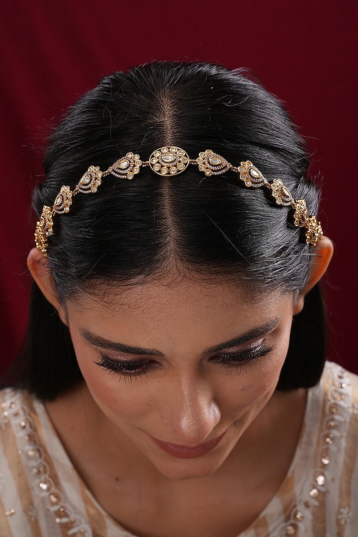 Gold Finish Kundan Polki Floral Sheeshpatti by EKATHVA JAIPUR at Pernia's Pop Up Shop