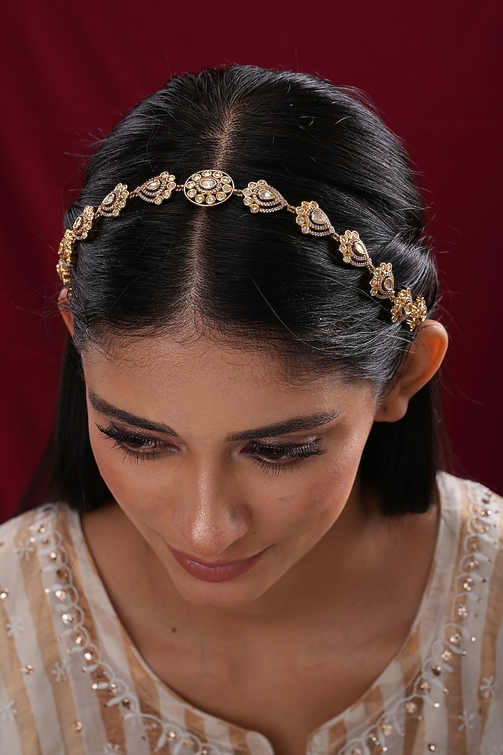 Gold Finish Kundan Polki Floral Sheeshpatti by EKATHVA JAIPUR at Pernia's Pop Up Shop