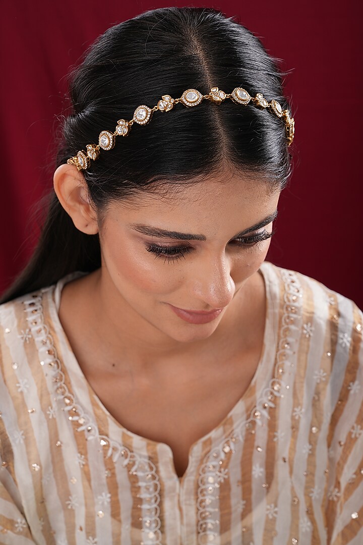 Gold Finish Kundan Polki & Pearl Floral Sheeshpatti by EKATHVA JAIPUR at Pernia's Pop Up Shop