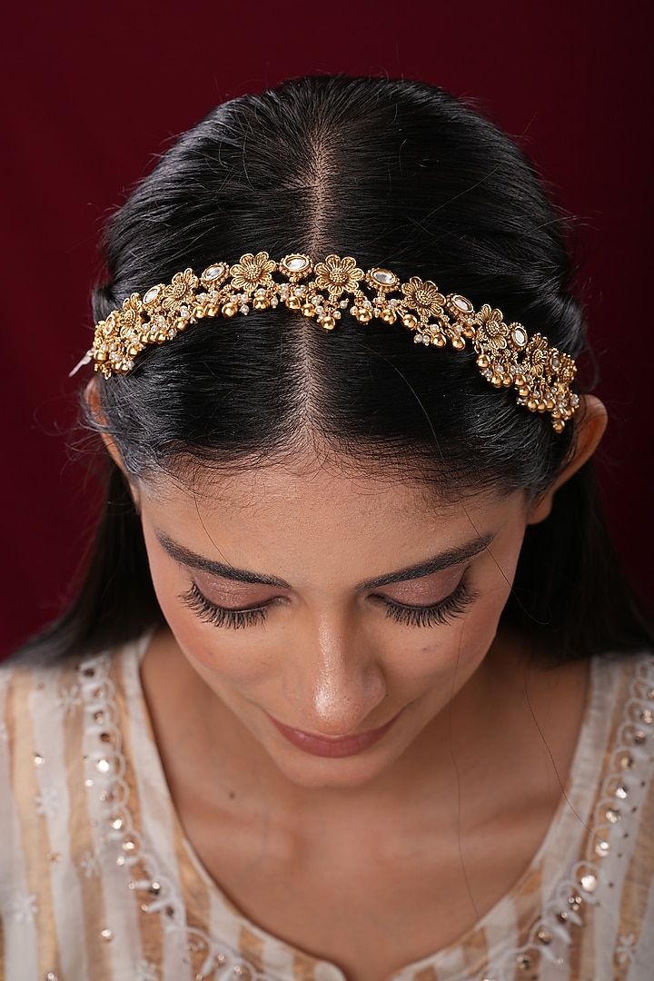 Gold Finish Kundan Polki Temple Sheeshpatti by EKATHVA JAIPUR at Pernia's Pop Up Shop