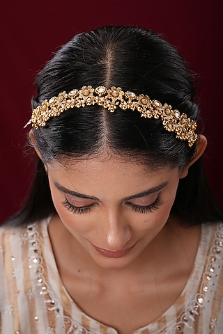 Gold Finish Kundan Polki Temple Sheeshpatti by EKATHVA JAIPUR