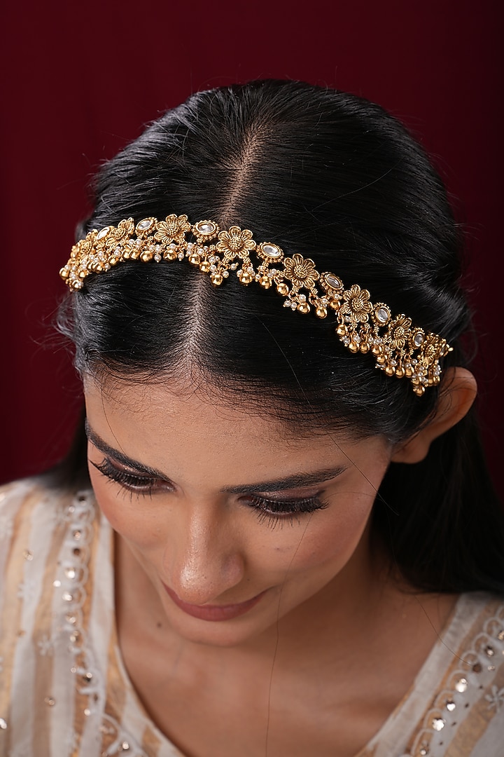 Gold Finish Kundan Polki Temple Sheeshpatti by EKATHVA JAIPUR at Pernia's Pop Up Shop